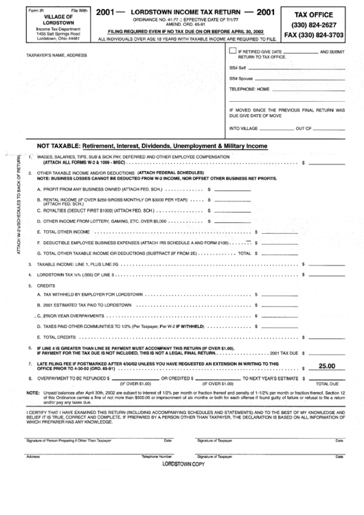 Form Ir - Lordstown Income Tax Return - 2001 Printable pdf