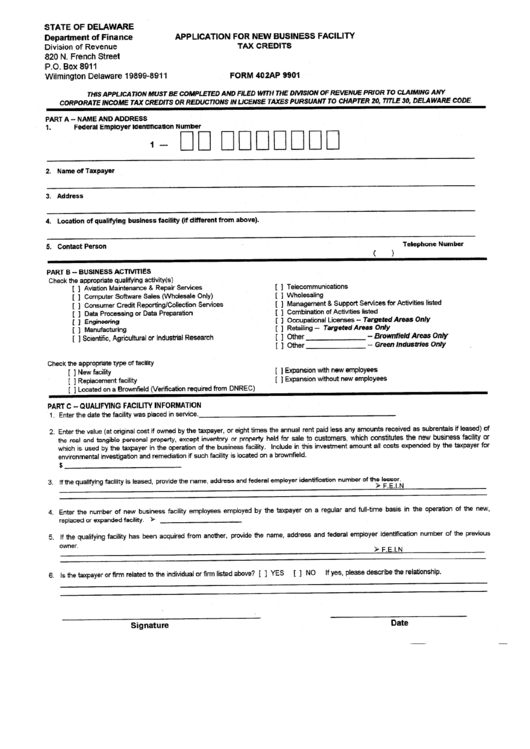Form 402ap 9901 - Application For New Business Facility - Tax Credits - Delaware Printable pdf