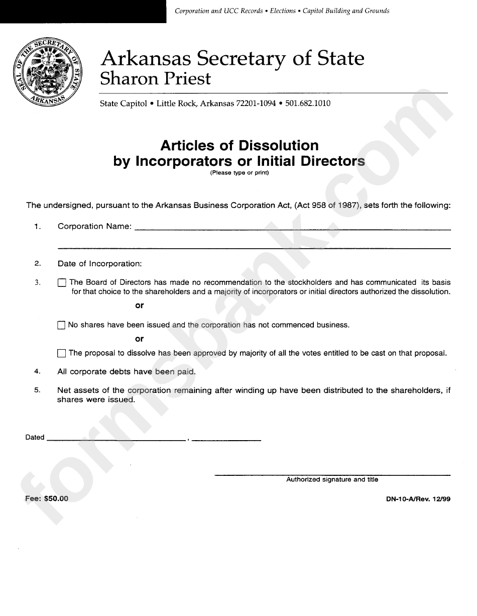 Form Dn-10-A - Articles Of Dissolution By Incorporators Or Initial Directors