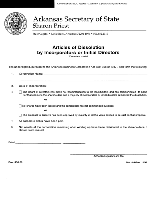 Form Dn-10-A - Articles Of Dissolution By Incorporators Or Initial Directors Printable pdf