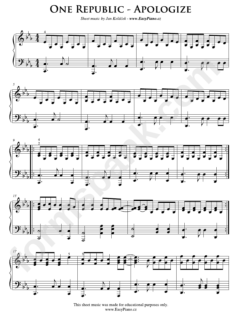 apologize one republic piano solo sheet music pdf