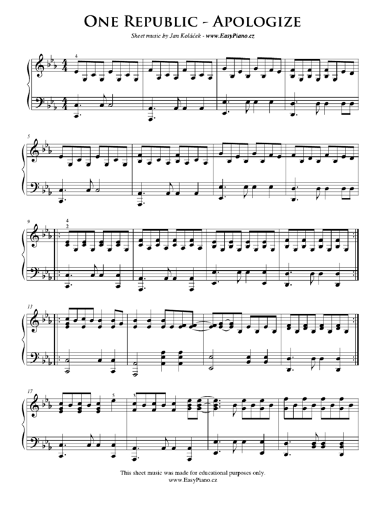 One Republic-Apologize Piano Sheet Music printable pdf download