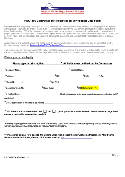 Form Pwc-100 - Contractor Dir Registration Verification Data Form Printable pdf
