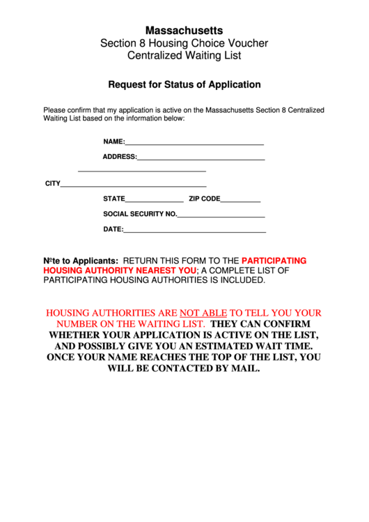 Request For Status Of Application - Section 8 Housing Choice Voucher Centralized Waiting List Printable pdf