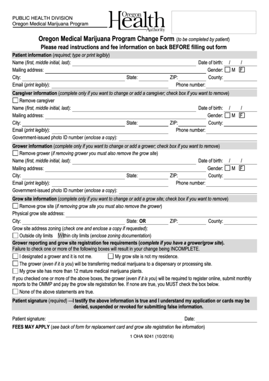 Fillable Form Oha 9241 - Oregon Medical Marijuana Program Change Form Printable pdf