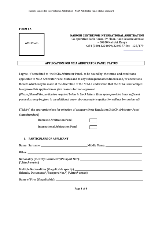 Form 1a - Application For Ncia Arbitrator Panel Status - Nairobi Centre For International Arbitration Printable pdf