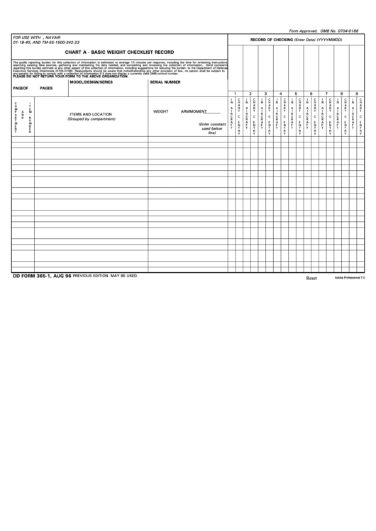 Fillable Dd Form 365-1 - Chart A - Basic Weight Checklist Record Printable pdf