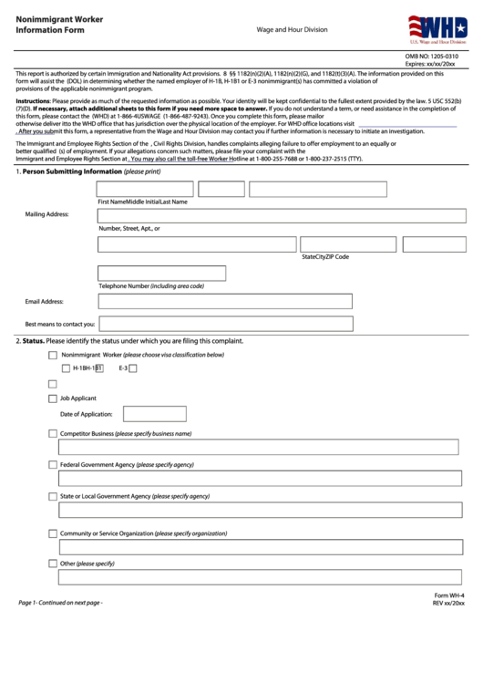 Fillable Form Wh-4 - Nonimmigrant Worker Information - U.s. Department Of Labor - Wage And Hour Division Printable pdf