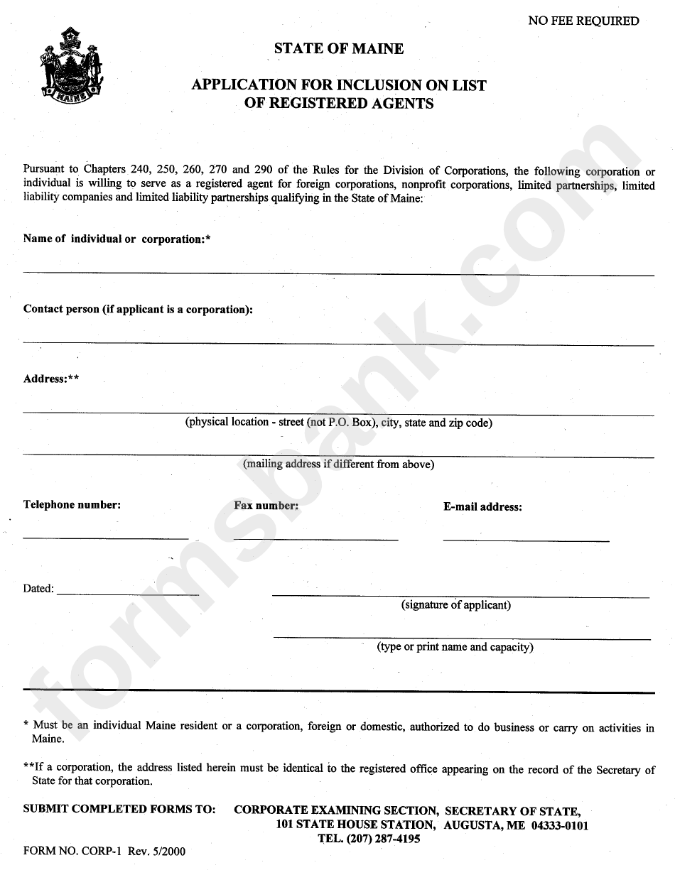 Form Corp-1 - Application For Inclusion On List Of Registered Agents