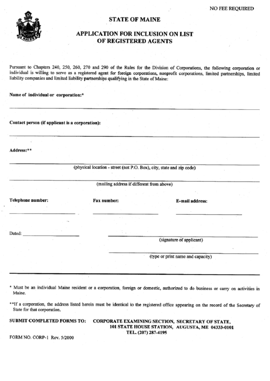 Form Corp-1 - Application For Inclusion On List Of Registered Agents Printable pdf