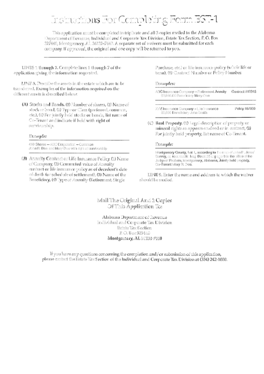 Instructions For Completing Form Est-1 - Application For Estate Tax Waiver Printable pdf