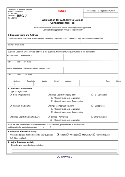 Fillable Form Reg-7 - Application For Authority To Collect Connecticut Use Tax Printable pdf