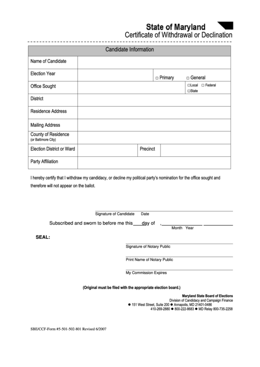 Fillable Sbe/ccf Form 5-501-502-801 - Certificate Of Withdrawal Or Declination Printable pdf