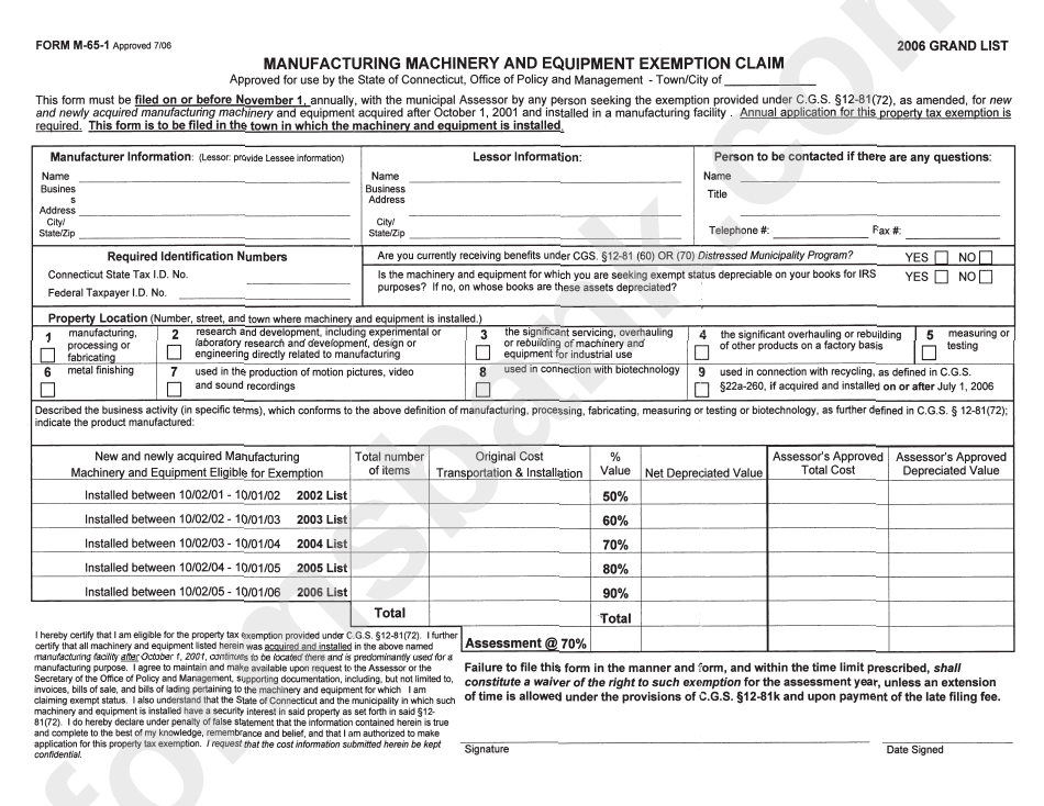 Form M-65-1 - Manufacturing Machinery And Equipment Exemption Claim