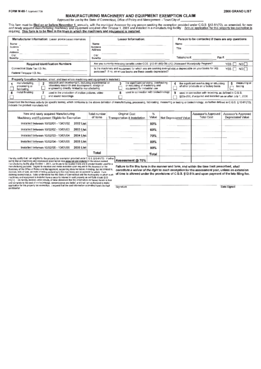 Form M-65-1 - Manufacturing Machinery And Equipment Exemption Claim Printable pdf