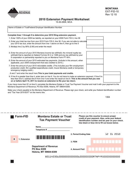 Fillable Montana Form Ext-Fid-10 - Extension Payment Worksheet - 2010 Printable pdf