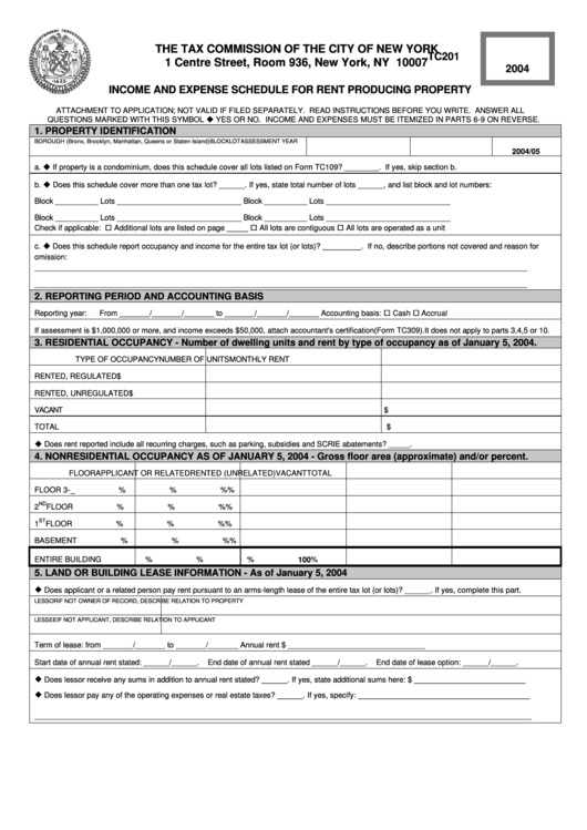 Form Tc201 - Attachment To Application - Income And Expense Schedule For Rent Producing Property - 2004 Printable pdf