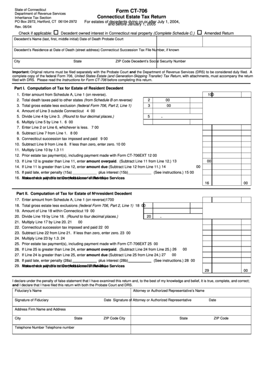 Form Ct-706 - Connecticut Estate Tax Return - Connecticut Department Of Revenue Services Printable pdf
