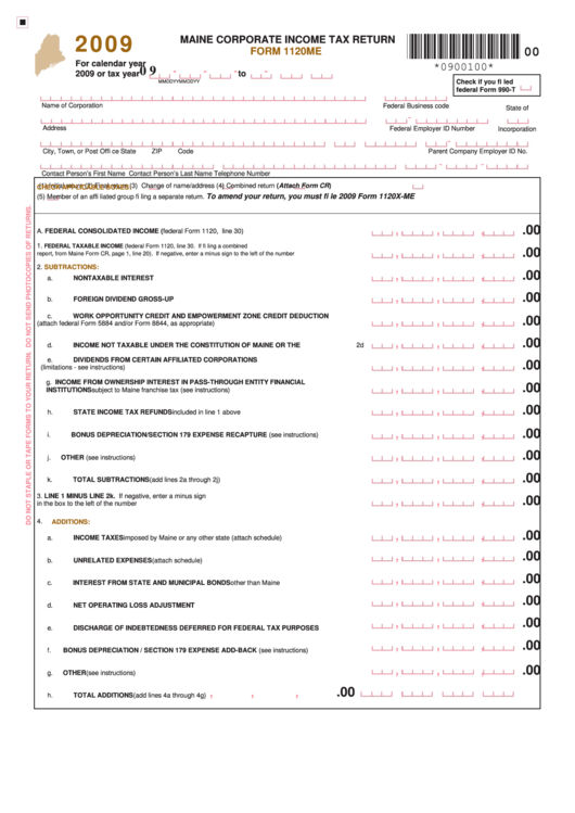 Form 1120me - Maine Corporate Income Tax Return - 2009 Printable pdf