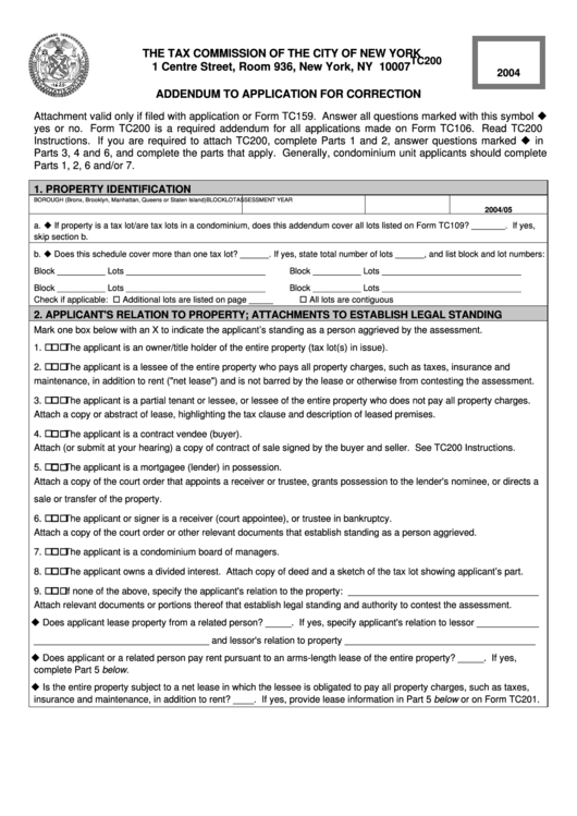 Form Tc200 - Valid Only With Application Or Form Tc159 - Addendum To Application For Correction - 2004 Printable pdf
