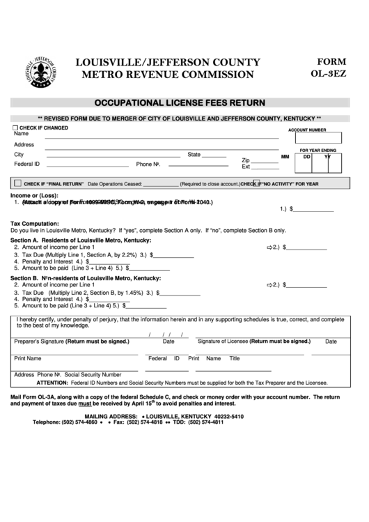Fillable Form Ol-3ez - Occupational License Fees Return Printable pdf