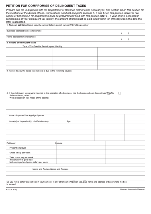 Form A-212 - Petition For Compromise Of Delinquent Taxes - Wisconsin Department Of Revenue Printable pdf