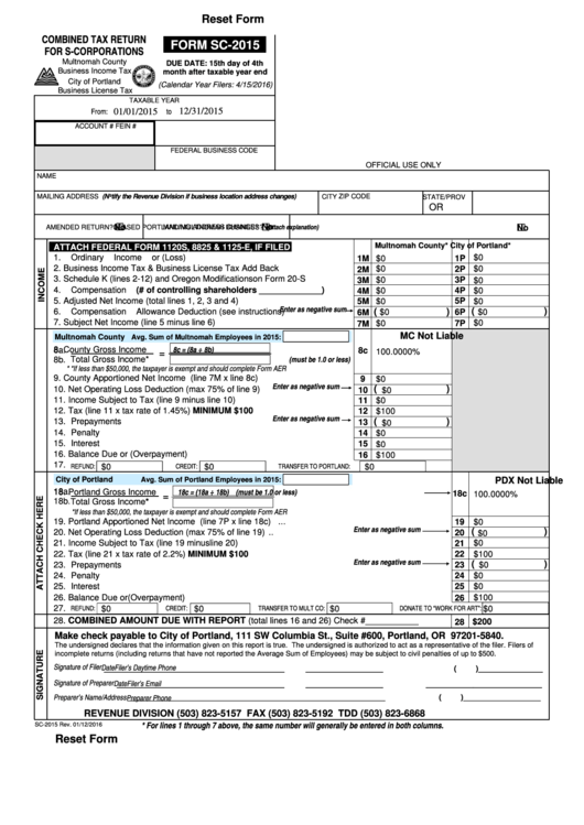 Fillable Form Sc-2015 - Combined Tax Return For S-Corporations - 2016 Printable pdf