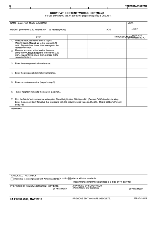 Da Form 5500 - Body Fat Content Worksheet (Male) - 2013 Printable pdf