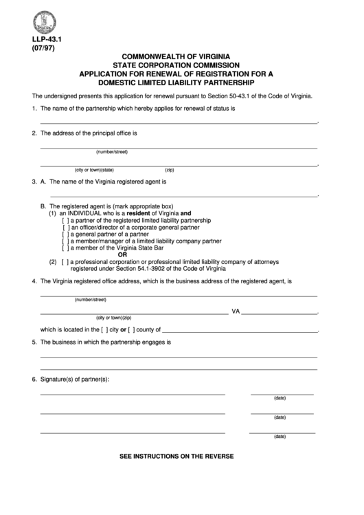Form Llp-43.1 - Application For Renewal Of Registration For A Domestic Limited Liability Partnership Printable pdf