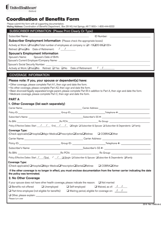 Form Uhcew630249-000 - Coordination Of Benefits Form -united Healthcare