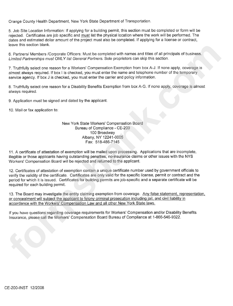 Form Ce-200-Inst - Application For Certificate Of Attestation Of Exemption From New York State Workers Compensation And/or Disability Benefits Insurance Coverage