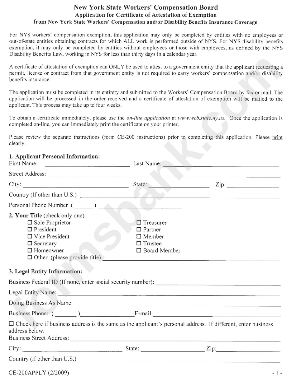 Form Ce-200-Inst - Application For Certificate Of Attestation Of Exemption From New York State Workers Compensation And/or Disability Benefits Insurance Coverage