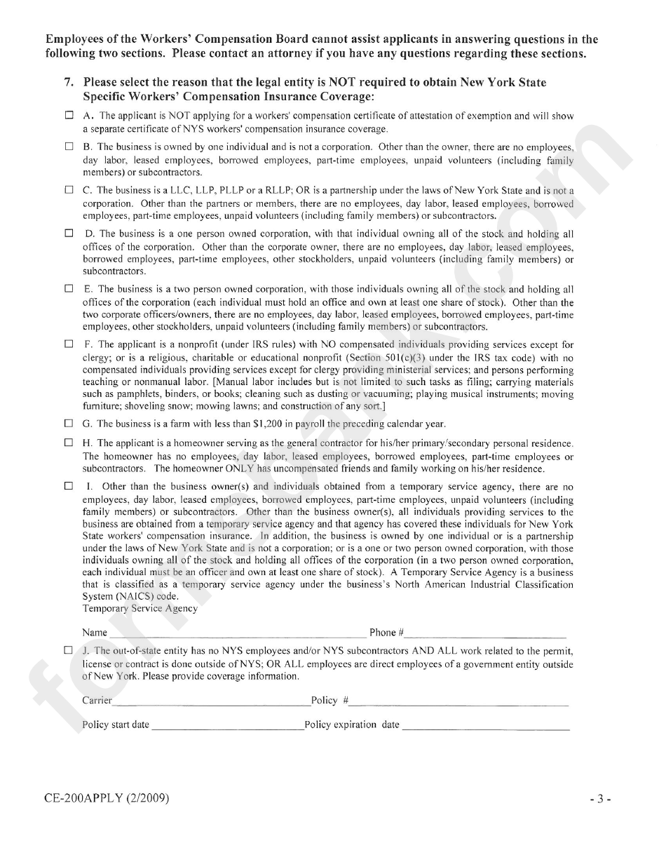 Form Ce-200-Inst - Application For Certificate Of Attestation Of Exemption From New York State Workers Compensation And/or Disability Benefits Insurance Coverage
