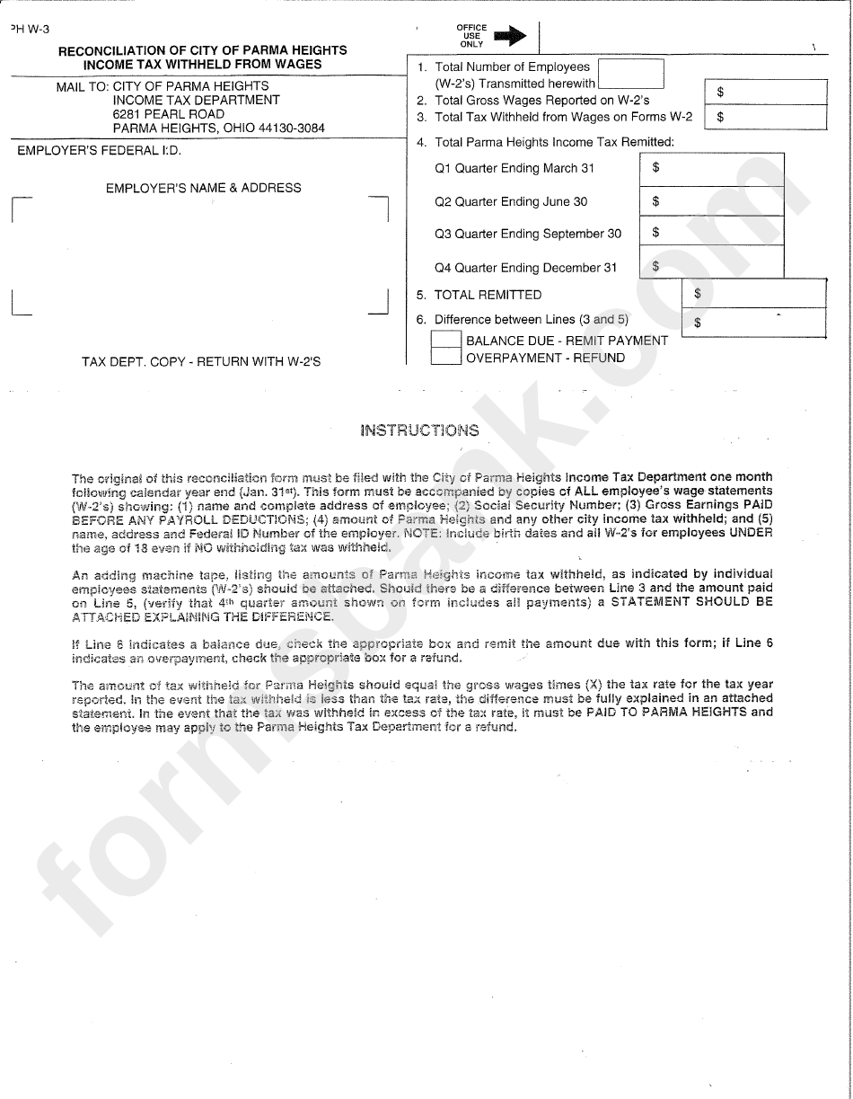 Form Ph W-3 - Reconciliation Of City Of Parma Heights Income Tax Withheld From Wages