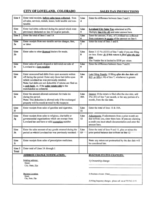 Sales Tax Instructions - City Of Loveland, Colorado Printable pdf