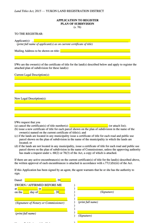 Application To Register Plan Of Subdivision - Yukon Land Registration District Printable pdf