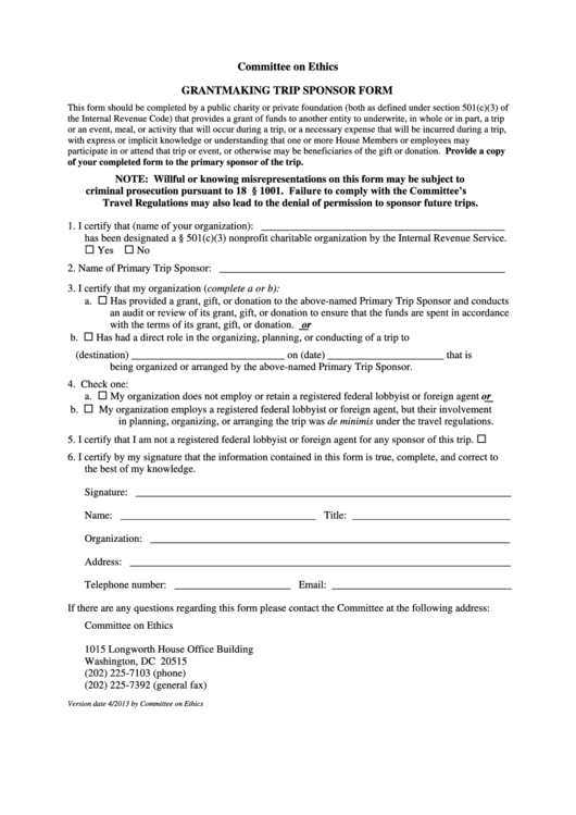 Fillable Grantmaking Trip Sponsor Form - U.s. House Of Representatives Committee On Ethics Printable pdf