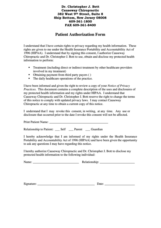 Patient Authorization Form Printable pdf