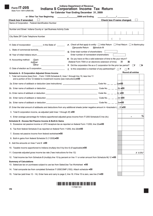 Form It-20s - Indiana S Corporation Income Tax Return - 2009 Printable pdf