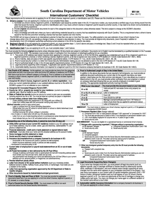 Form Mv-94 - South Carolina Department Of Motor Vehicles - International Customers' Checklist