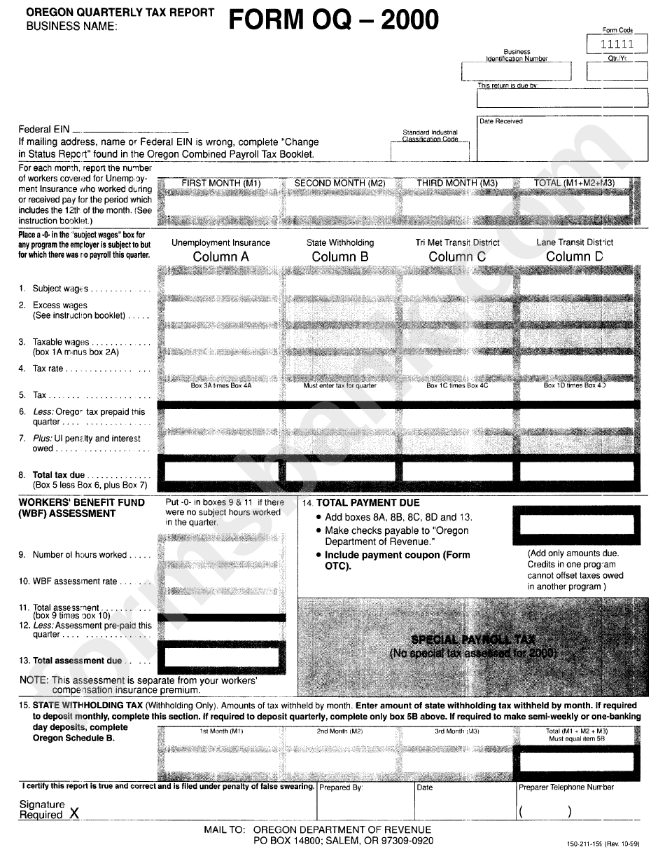 Form Oq - Oregon Quarterly Tax Report - 2000