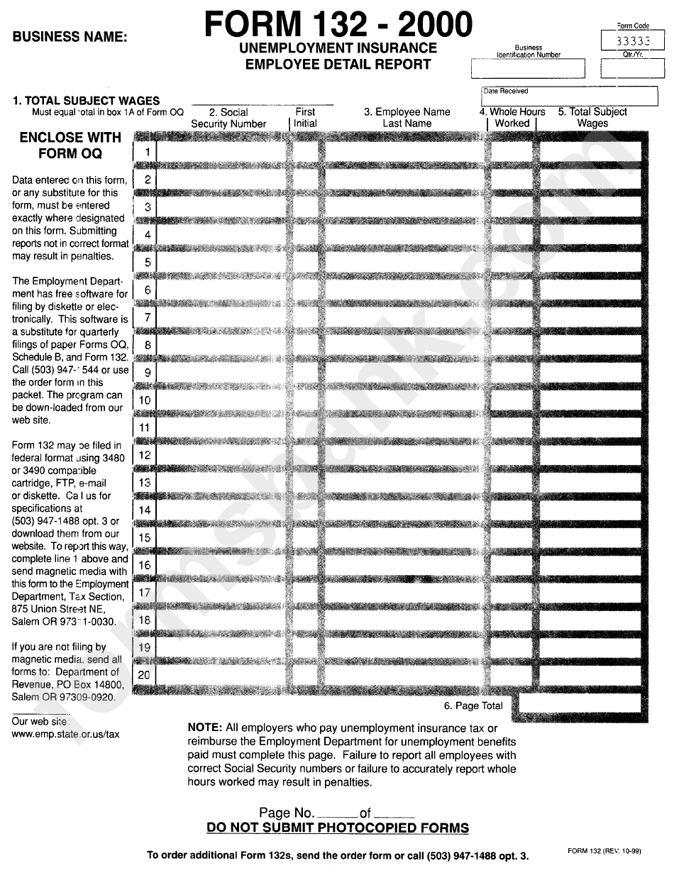 Form Oq - Oregon Quarterly Tax Report - 2000