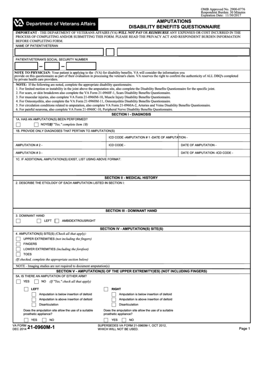 Va Form 21-0960m-1 - Amputations Disability Benefits Questionnaire