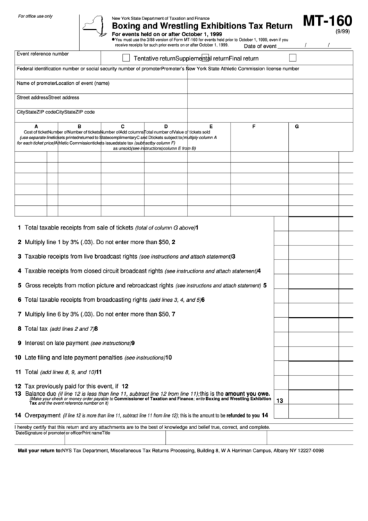 Form Mt-160 - Boxing And Wrestling Exhibitions Tax Return - 1999 Printable pdf