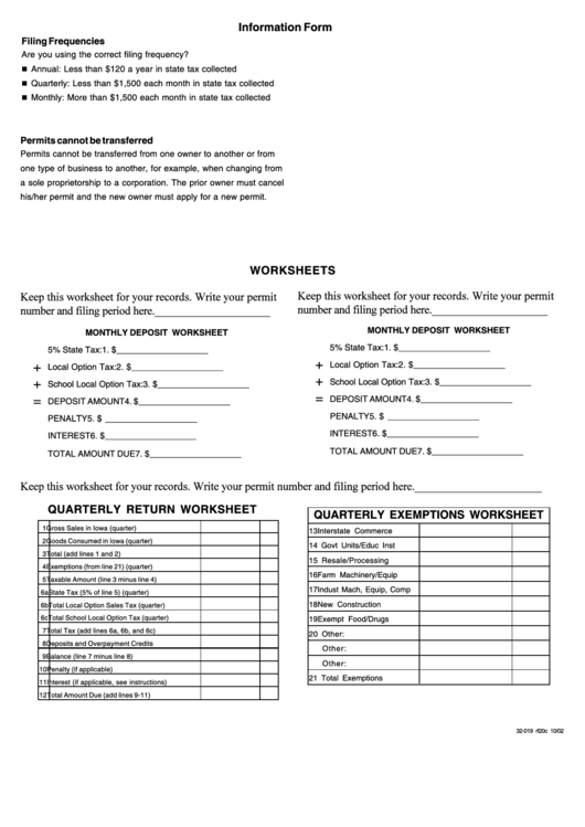 Form 32-019 - Information Form - Worksheets Printable pdf