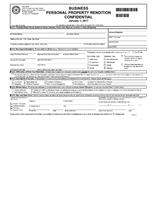 Fillable Form 22.15 - Business Personal Property Rendition Confidential - 2017 Printable pdf