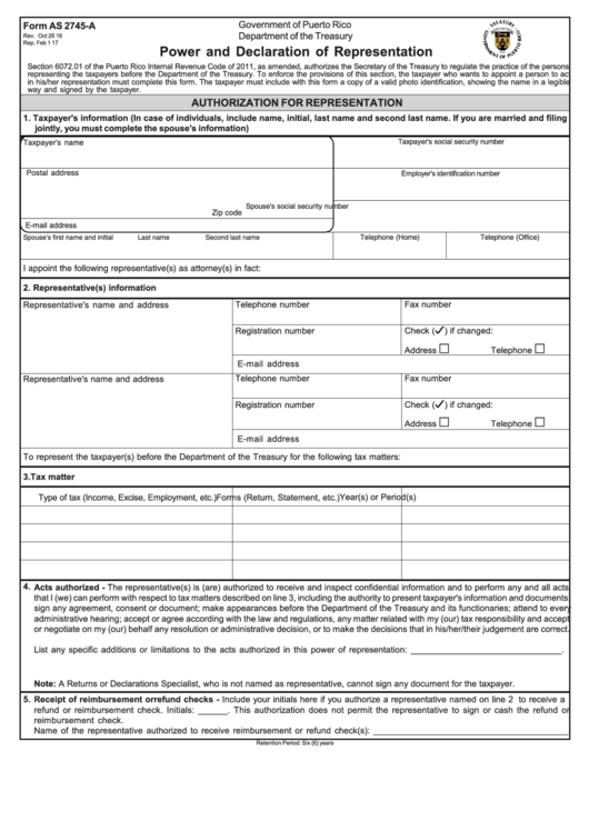 Form As 2745A Power And Declaration Of Representation 2016