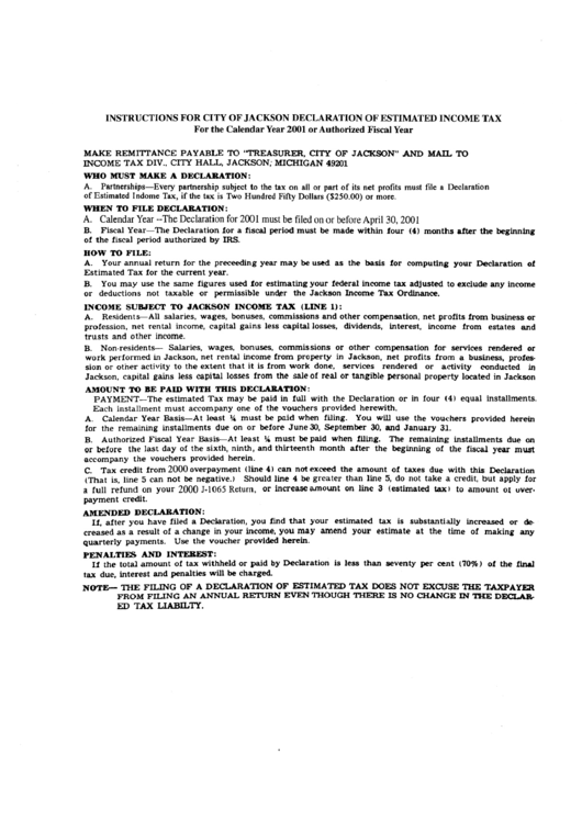 Instructions For City Of Jackson Declaration Of Estimated Income Tax - 2001 Printable pdf