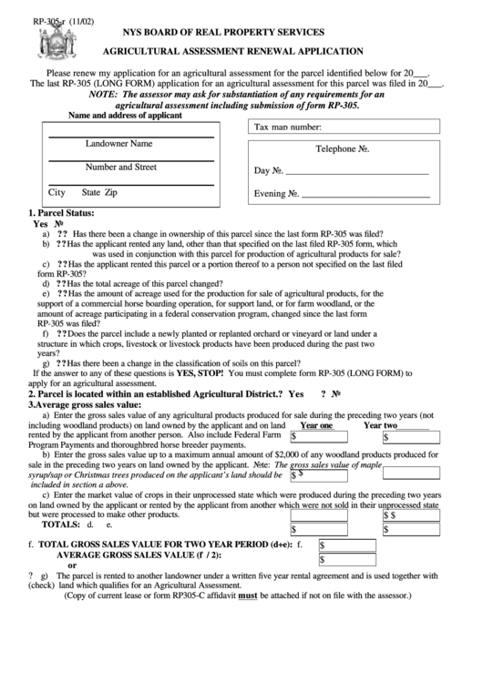 Form Rp-305-R - Agricultural Assessment Renewal Application - Nys Board Of Real Property Services Printable pdf