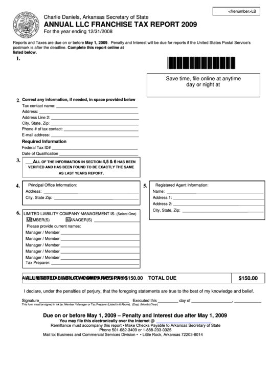 Form Annual Llc Franchise Tax Report - Arkansas Secretary Of State - 2009 Printable pdf